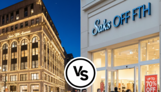 Comparison of Saks Fifth Avenue luxury flagship store in New York City vs Saks Off 5th outlet storefront with 70% off sale signs.