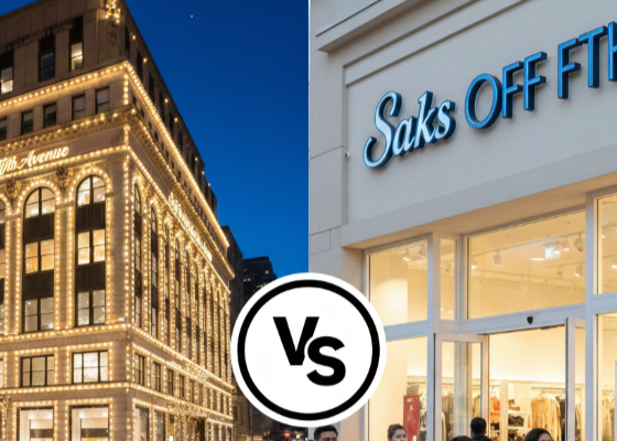 Comparison of Saks Fifth Avenue luxury flagship store in New York City vs Saks Off 5th outlet storefront with 70% off sale signs.