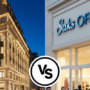 Comparison of Saks Fifth Avenue luxury flagship store in New York City vs Saks Off 5th outlet storefront with 70% off sale signs.
