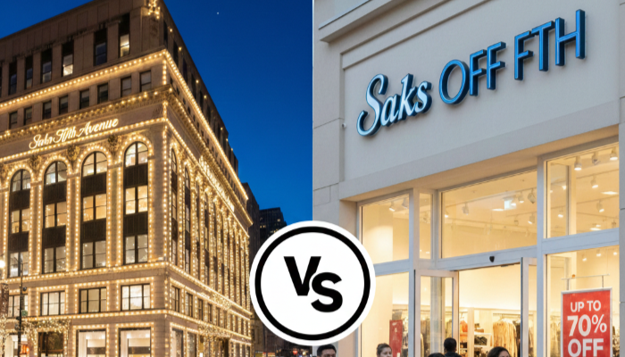 Comparison of Saks Fifth Avenue luxury flagship store in New York City vs Saks Off 5th outlet storefront with 70% off sale signs.