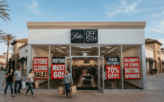 Exterior of a Saks Off 5th store at an outlet mall with red 'Store Closing' and 'Everything Must Go' signs.