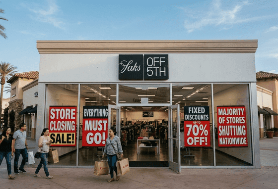 Exterior of a Saks Off 5th store at an outlet mall with red 'Store Closing' and 'Everything Must Go' signs.