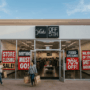 Exterior of a Saks Off 5th store at an outlet mall with red 'Store Closing' and 'Everything Must Go' signs.