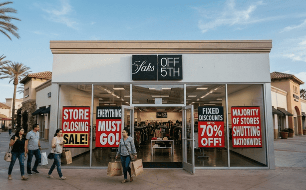 Exterior of a Saks Off 5th store at an outlet mall with red 'Store Closing' and 'Everything Must Go' signs.