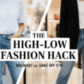 A side-by-side comparison of Walmart basics and Saks OFF 5TH designer clothing for high-low fashion styling.