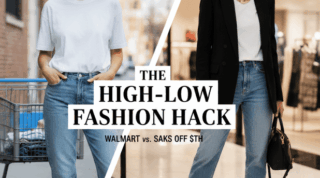 A side-by-side comparison of Walmart basics and Saks OFF 5TH designer clothing for high-low fashion styling.